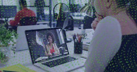 Virtual presenter engaging hybrid team with binary data overlay in video conference