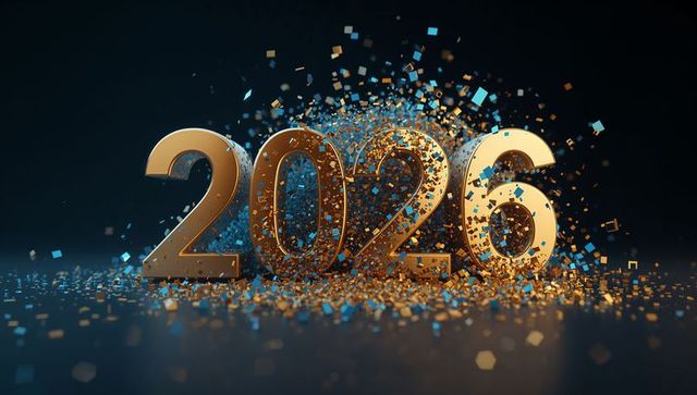 2026 Numbers Celebrating with Gilded Gold and Azure Confetti on Glossy Studio Floor