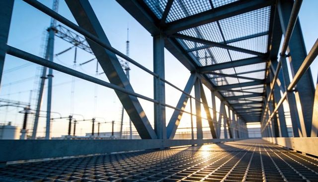 Industrial metal walkway in power substation at sunrise, grated floor and truss architecture