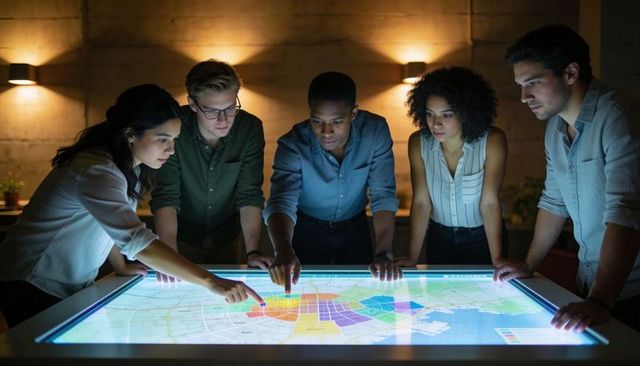 Analyzing interactive city map on touch table, diverse team collaborating on urban planning