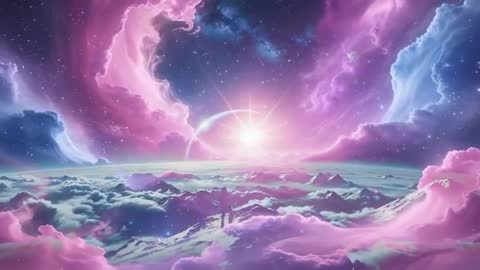 Surreal Alien Landscape with Dusty Pink Nebula and Rising Sun