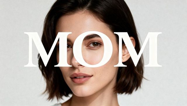 Contemporary mother portrait with bold mom typography overlay, neutral beauty headshot