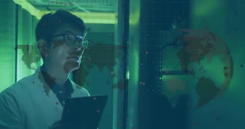 Engineer Analyzing Data on Tablet in Futuristic Server Room