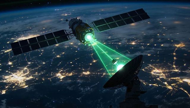 Orbital Satellite Beaming Green Laser to Ground Dish Over Night Earth City Lights Aurora