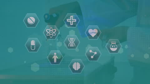 Scientist in Lab with Medical Interface Icons Overlay