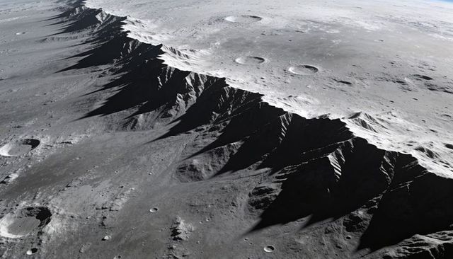 Dramatic lunar escarpment casting long shadows across highland regolith near terminator