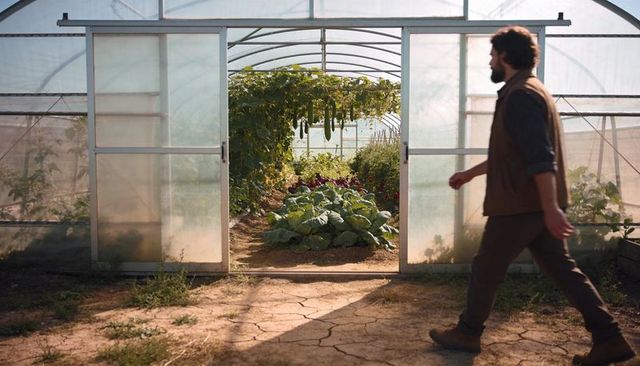 Farmer walking by sunlit greenhouse with cabbage, lettuce, cucumbers, trellised gourds