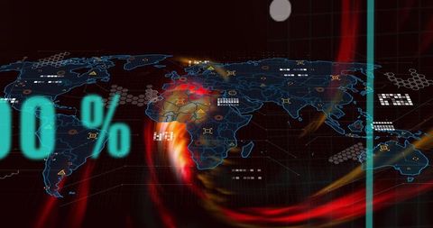 Holographic global data map showing africa europe with neon analytics geospatial nodes