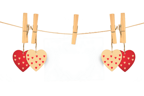 Transparent hearts and paper hanging on clothesline background