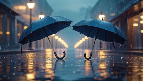 Moody night urban scene with raindrops and lovers umbrellas