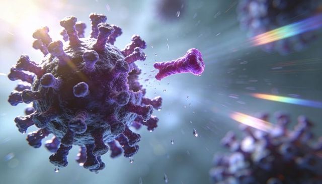 Sars-cov-2 virion releasing spike protein in fluid close-up 3d render for medical use