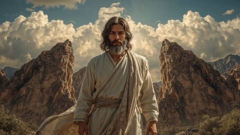 Solitary moses in ornate robe in majestic desert valley