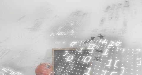 Digital halloween pumpkin display with chalkboard sign and binary light projection decor