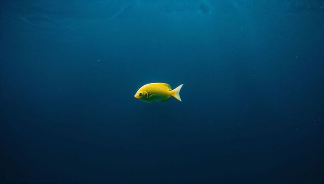 Yellow tropical fish gliding in deep blue ocean serenity
