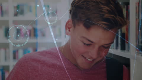 Smiling Boy at School with Digital Network Overlay
