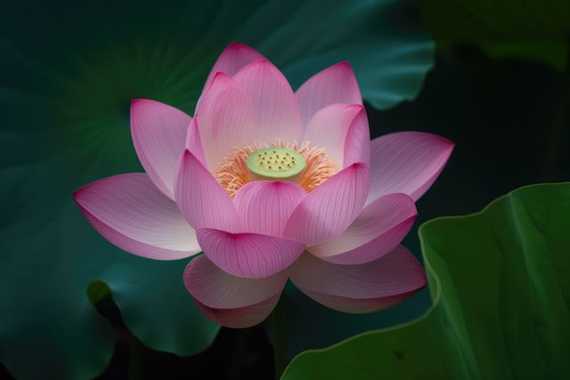 This image shows a pink lotus flower in full bloom with dark green leaves in the background. The bright and detailed petals of the lotus create a striking contrast against the shadowed foliage, highlighting the elegance and purity of the flower. Perfect for use in nature and travel blogs, botanical illustrations, gardening websites, wellness and meditation content, or any design project needing a touch of natural beauty and tranquility.