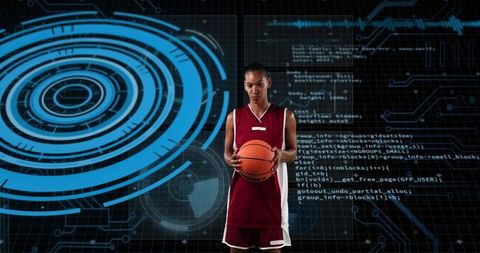 Basketball player in futuristic digital arena