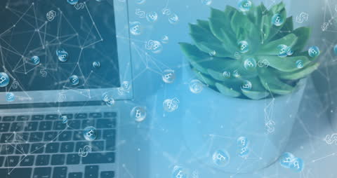 Digital Currency Symbols Network Overlaid on Office Scene