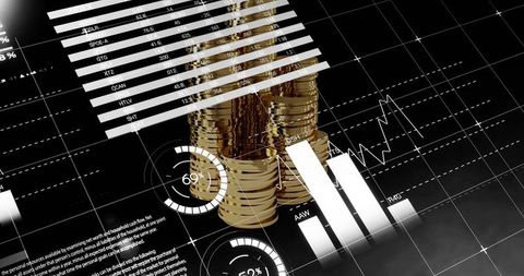 Showing Gold Coin Stacks on Digital Finance Dashboard with Bar Charts, Line Charts, Metrics