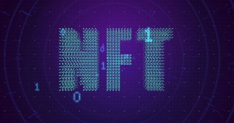 Forming nft from thousands of cyan humanoid icons on neon purple hud with binary digits