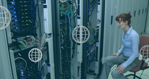 Businesswoman Analyzing Data Servers with Digital Graphics