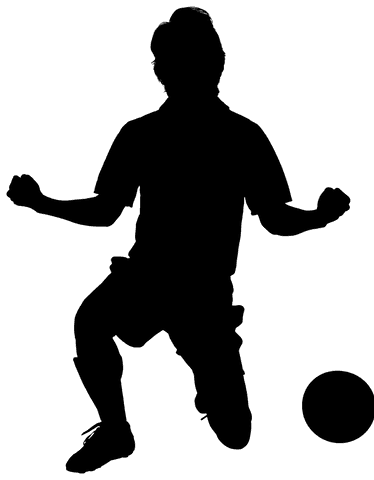 Transparent silhouette of excited male footballer with ball