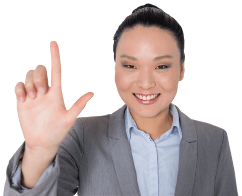 Transparent asian businesswoman smiling at camera with open hand
