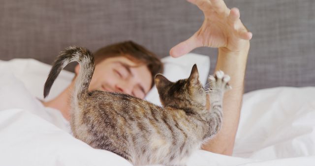A young Caucasian woman is playing with her tabby cat in bed, with copy space. Their interaction showcases the affectionate bond between a pet and its owner.