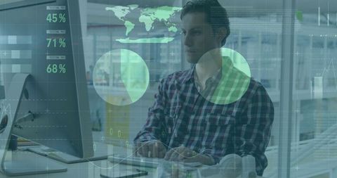 Business Professional Analyzing Financial Data with Mid-Air Display