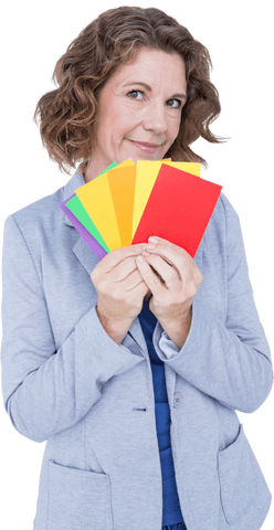 Confident Businesswoman Displaying Variety of Color Swatches with Transparent Background
