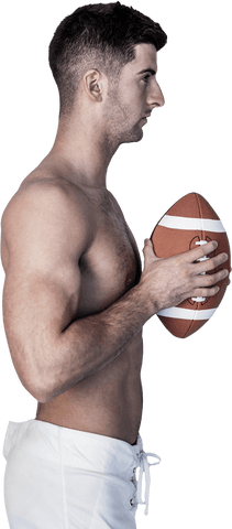 Side Profile of Shirtless Athlete Holding Rugby Ball on Transparent Background