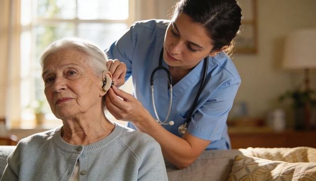 Nurse fitting hearing aid for senior woman at home, caregiver assisting elderly with compassion and