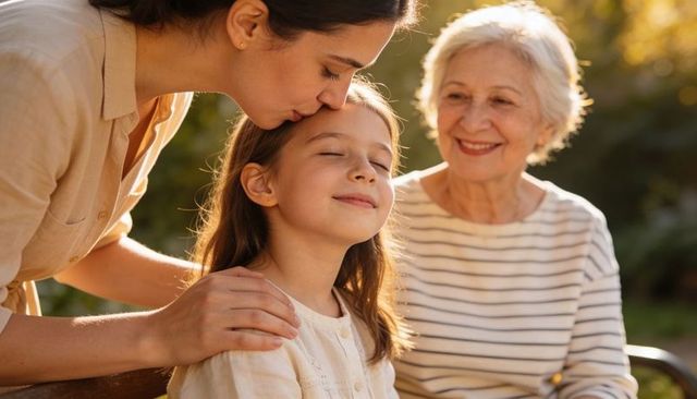 Mother kissing daughter forehead with grandmother smiling, multigenerational family outdoors