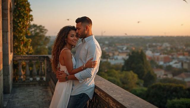 Romantic couple embracing on stone terrace at golden hour with city skyline sunset glow