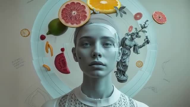 Surrealist Fusion of Marble Bust and Floating Fruits