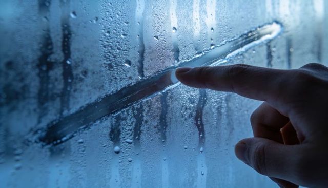 Finger wiping fogged window pane revealing clear horizontal streak and water droplets