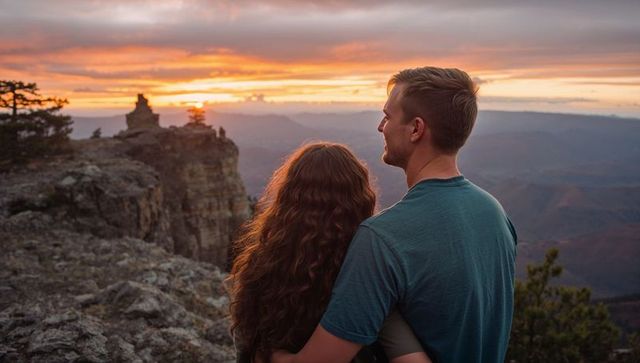 Couple embracing on cliff watching sunset over canyon panorama romantic outdoor getaway