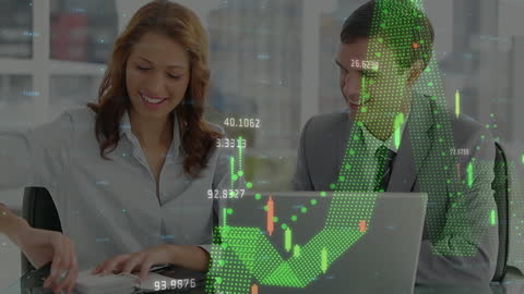 Business Team Analyzing Financial Data with Technology Overlays