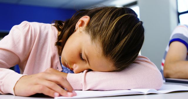 Ideal for articles or advertisements about student life, stress in education, the importance of sleep for learning, or school-related fatigue. Can also be used in educational materials discussing focus and attention in classrooms.