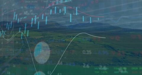 Stock market data overlaid on lush farmland illustrating agriculture economics