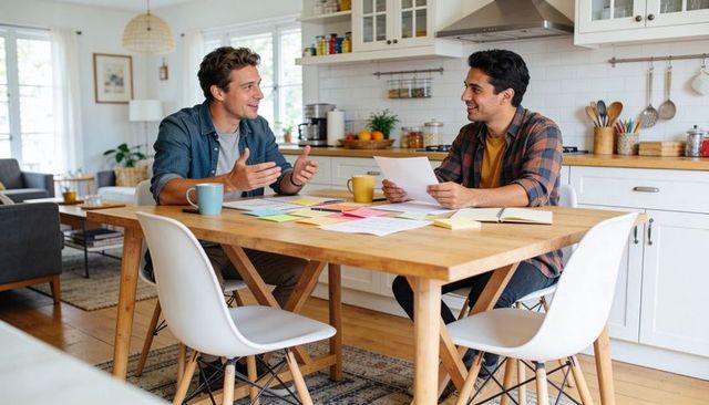 Two men brainstorming color swatches and documents at modern kitchen dining table