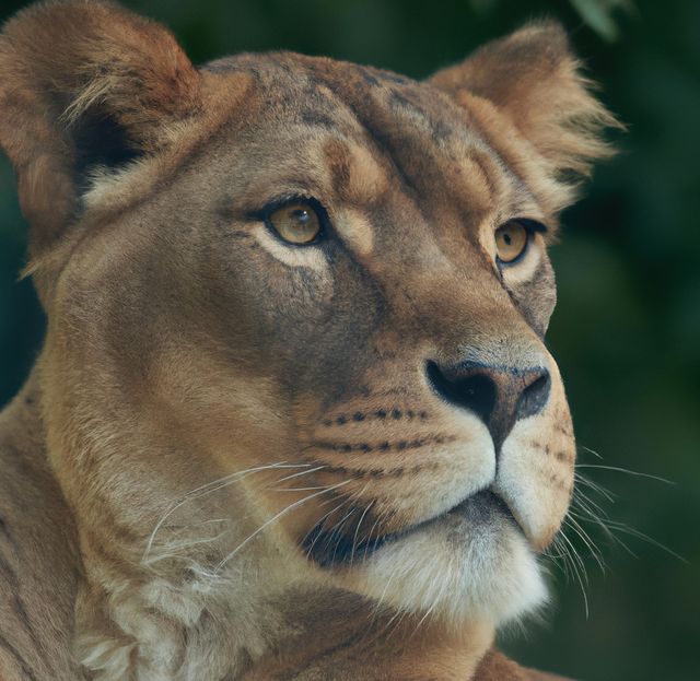 Portrait of big lion looking past camera, with blurred background. Animals, wilderness and nature concept.