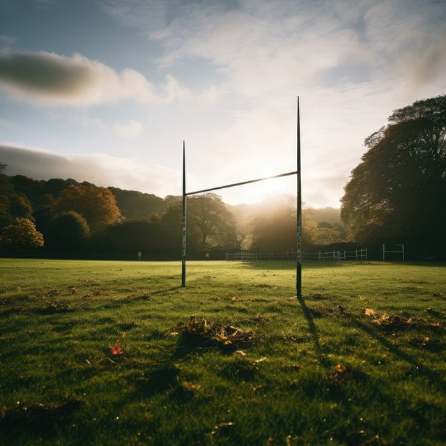 Foreground view of rugby goalposts in a field with sunlight casting through trees, perfect for sports themes, outdoor activities, nature blogs, and seasonal landscapes.