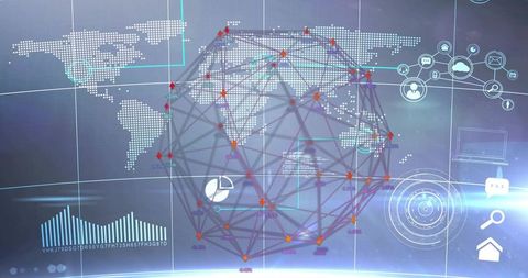 Rotating 3D Network Sphere Over Futuristic Holographic Dashboard Visualizing Global Data
