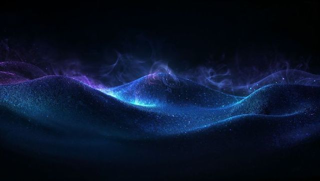 Cosmic particle waves flowing across dark void with bioluminescent mist and speckles