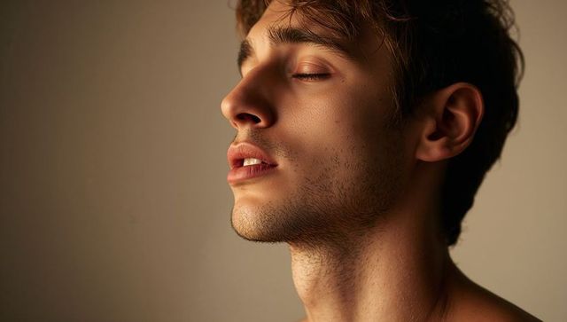 Resting male model with closed eyes and stubble closeup portrait on warm beige background