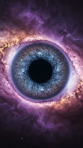 Revealing cosmic eye opening into purple-gold nebula for mystical vertical space sequence
