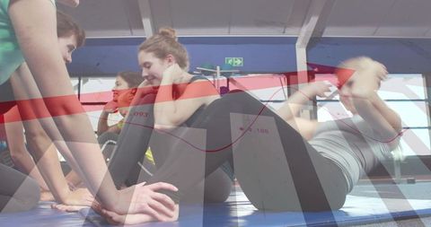 Group core workout with analytics overlay showing women doing crunches for fitness metrics