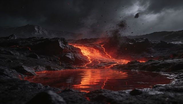 Molten Lava River Flowing Through Jagged Basalt Terrain with Reflective Magma Pool
