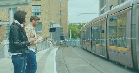 Digital Data Overlay Urban Tram Station Scene